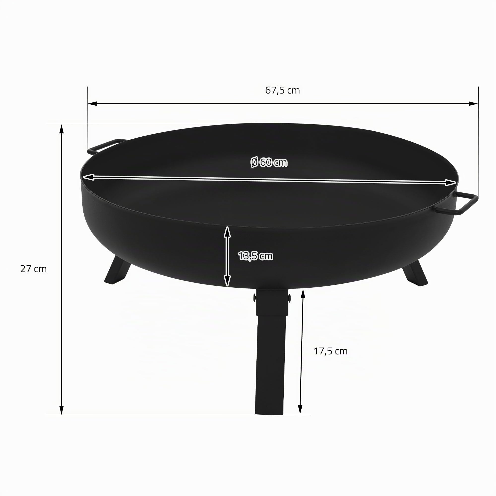ECD Germany Cuenco de Fuego 60 x 27 cm Brasero Exterior Redondo de Acero con 3 Patas Plegables y Asas de Transporte, Fire Bowl Negro con 2 Agujeros de Drenaje Ideal para Barbacoas de Jardín o Camping