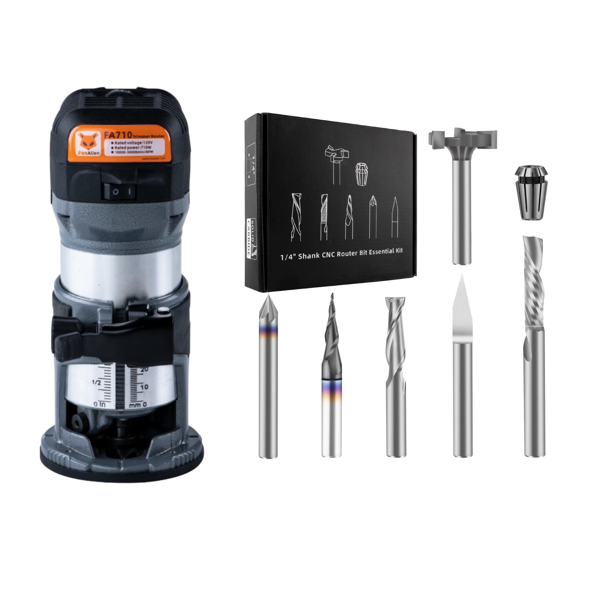 FoxAlien 1 HP 710W 65mm Durchmesser Compact Palm Router + 1/4 Zoll Schaft CNC Fräser Essentials Kit