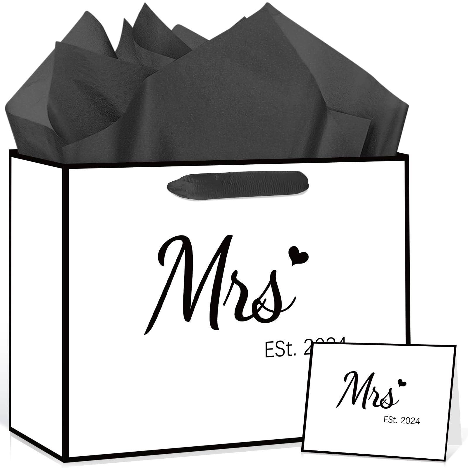 EST 2024 Wedding Gifts Bag Christmas Bridal Shower Gift Bags White Black Mrs Gifts Bag with Tissue Paper and Card Wedding Gift Wrapping Paper Bag Bridal Anniversary Wedding Shower Gifts for Couple