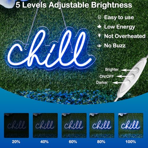 Image of Chill Neon Sign Blue Dimmable Wall Light Gift for Game Room Decoration | 14in*7in,Adjustable brightness (5 levels),Powered by USB,Applicable to Bar,Pub,Club,Party,Wedding,Engagement,Bedroom