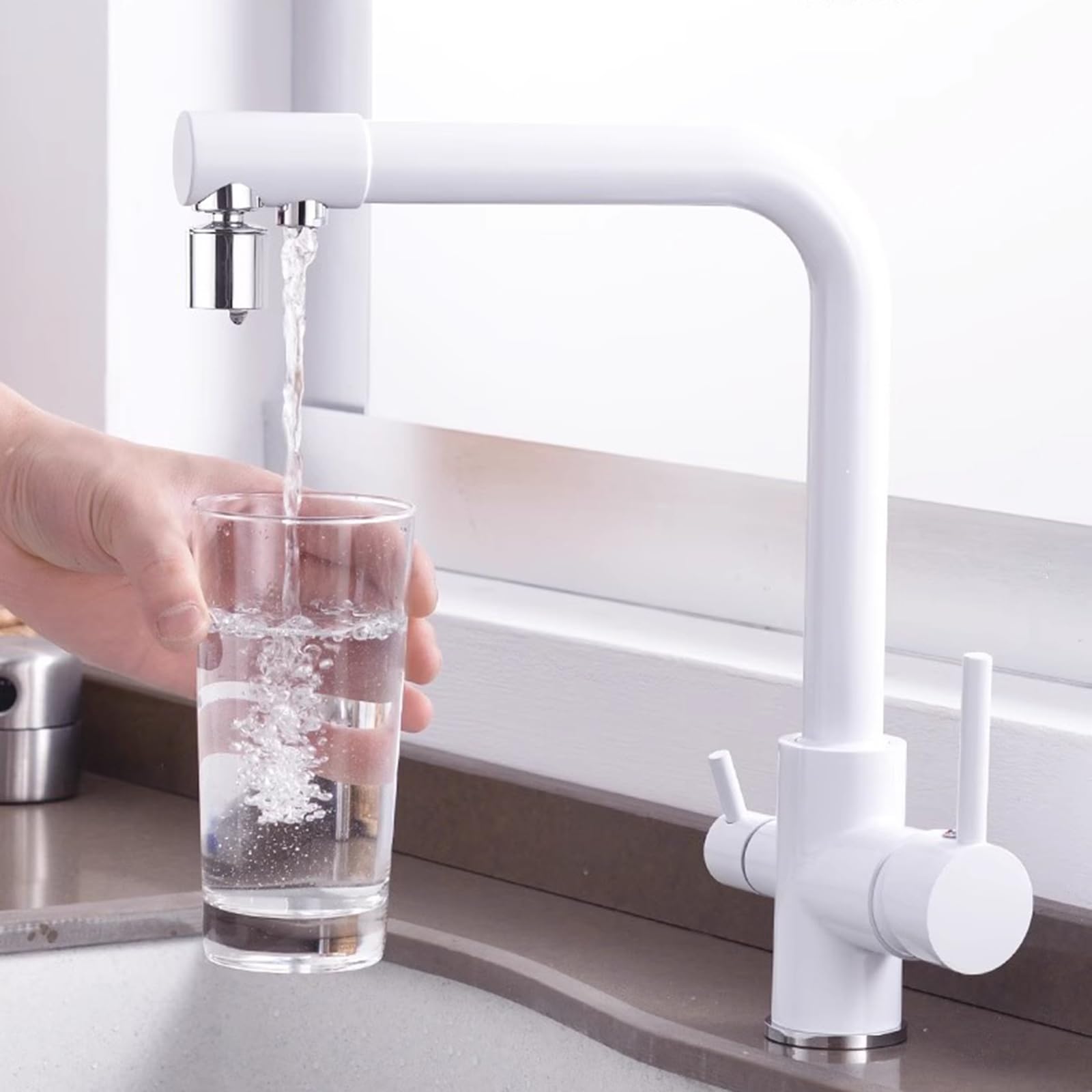 Robinet 3 Voies Filtre A Eau Robinet avec 2 Fonction Jets 360 ° Rotation Blanc