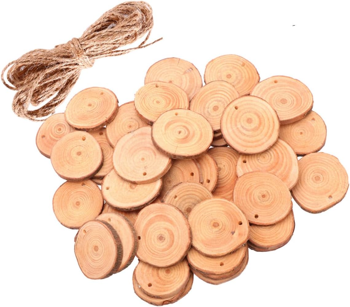 LIFKOME 50pcs Round and Rope Set Log Discs Wood Slices Log Slices Wood Discs