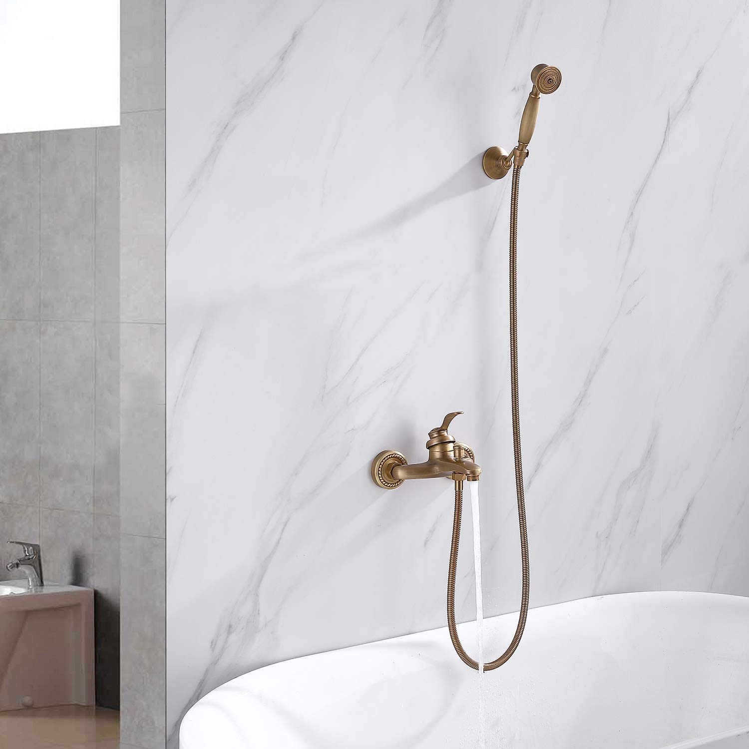 Homelava Grifo de Ducha Antique con Alcachofa de Mano, Grifo Bañera y Ducha de latón, Montaje en pared, con 150 cm Manguera y Soporte