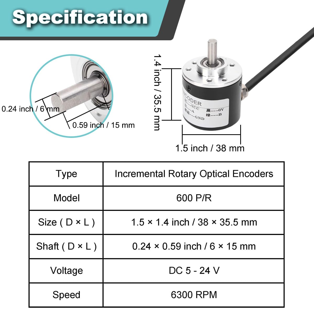 Codeur optique rotatif incrémental en quadrature DC 5-24V 600P/R AB 2 phases Sortie NPN Encodeur pour test de programme pour module radio/bouton/capteur de vitesse de roue/molette de souris