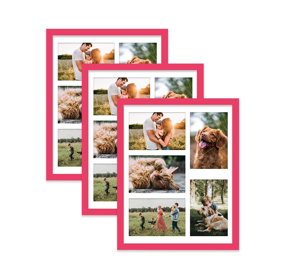 Bright Pink Multi Photo Frame - Holds 5 x 6x4 Pictures, Family Collage Picture Frame for Wall Display, 14x11 Frame size, Set of 3