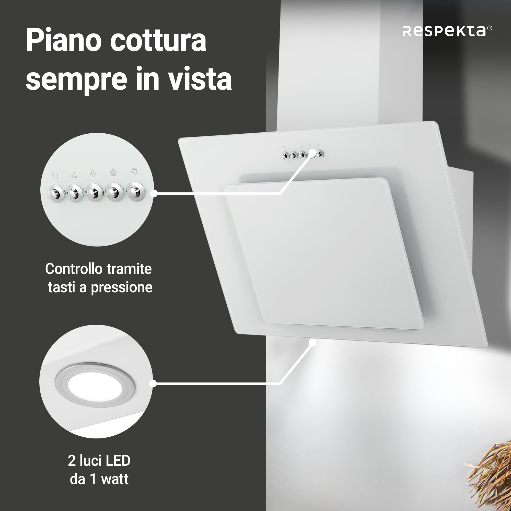 Respekta Cappa Cucina Inclinata Con Spazio Per La Testa, Cappa Cucina Verticale 60 Cm, Scocca In Metallo Con Vetro Bianco, Funzione Di Scarico E Ricircolo, CH21060WBZ, B, 55 – 62 Db