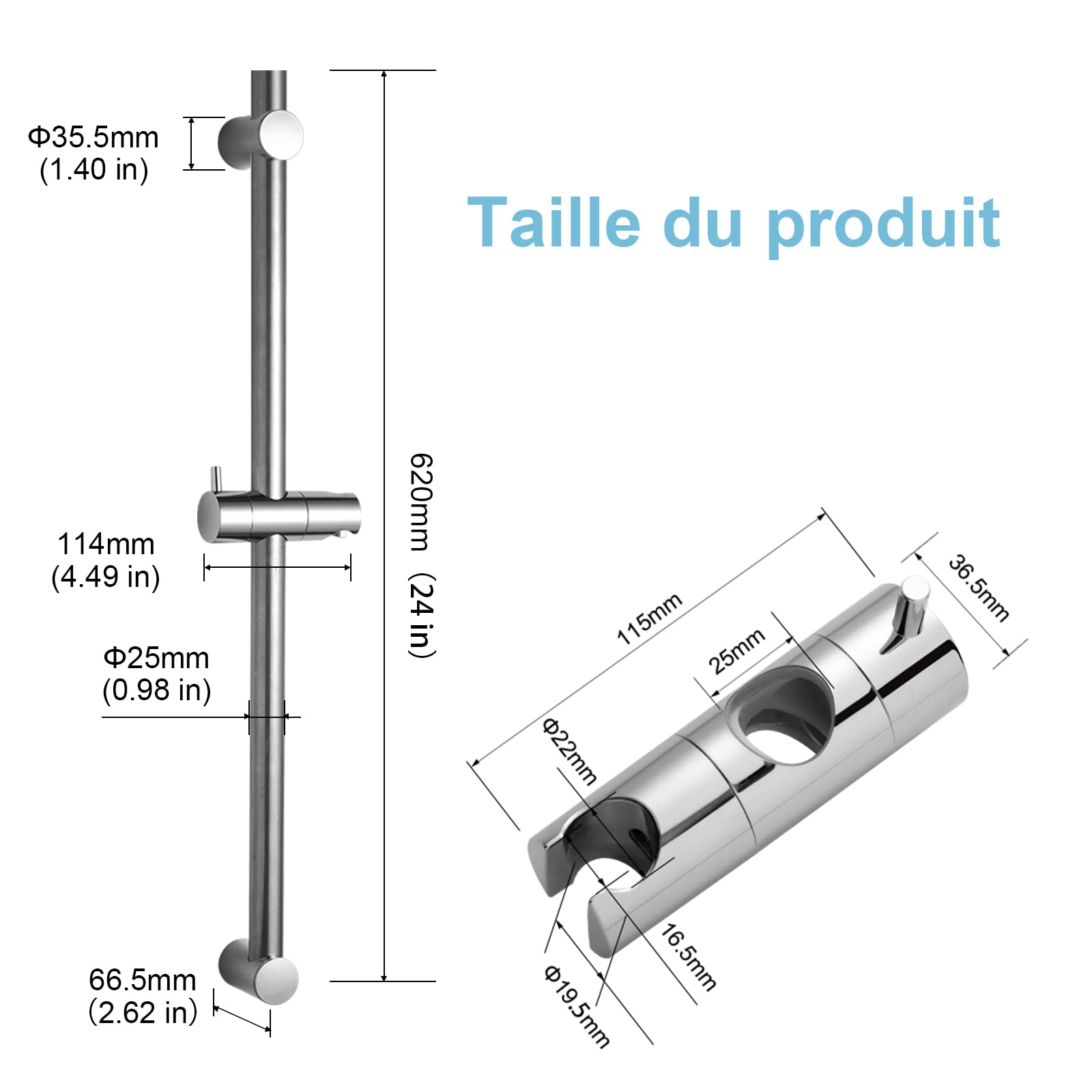 OFFO Barre de Douche 60 cm,Support Pommeau de Douche 80 cm en Acier Inoxydable Avec Support de Douche,Barre Douche Segmentée,Distance Réglable de 28 à 61 cm,Chromé