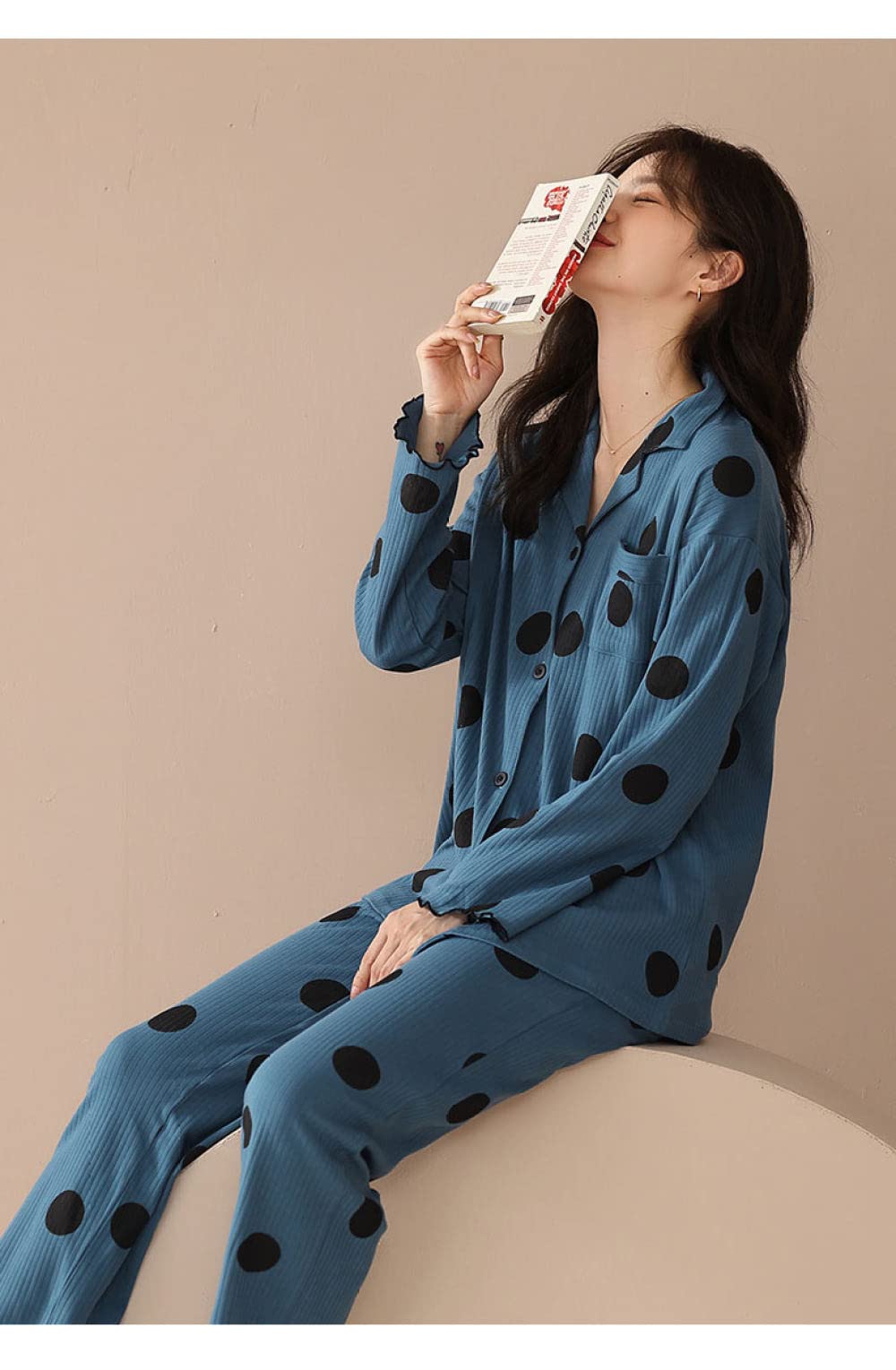 Pijamas Mujer Invierno,Conjuntos De Pijama para Mujer Estampado De Lunares De Solapa De Algodón Azul Vintage con Bolsillo Clásico Acogedor Cálido Pjs De Manga Larga Top & Amp; Conjunto De Pantalo