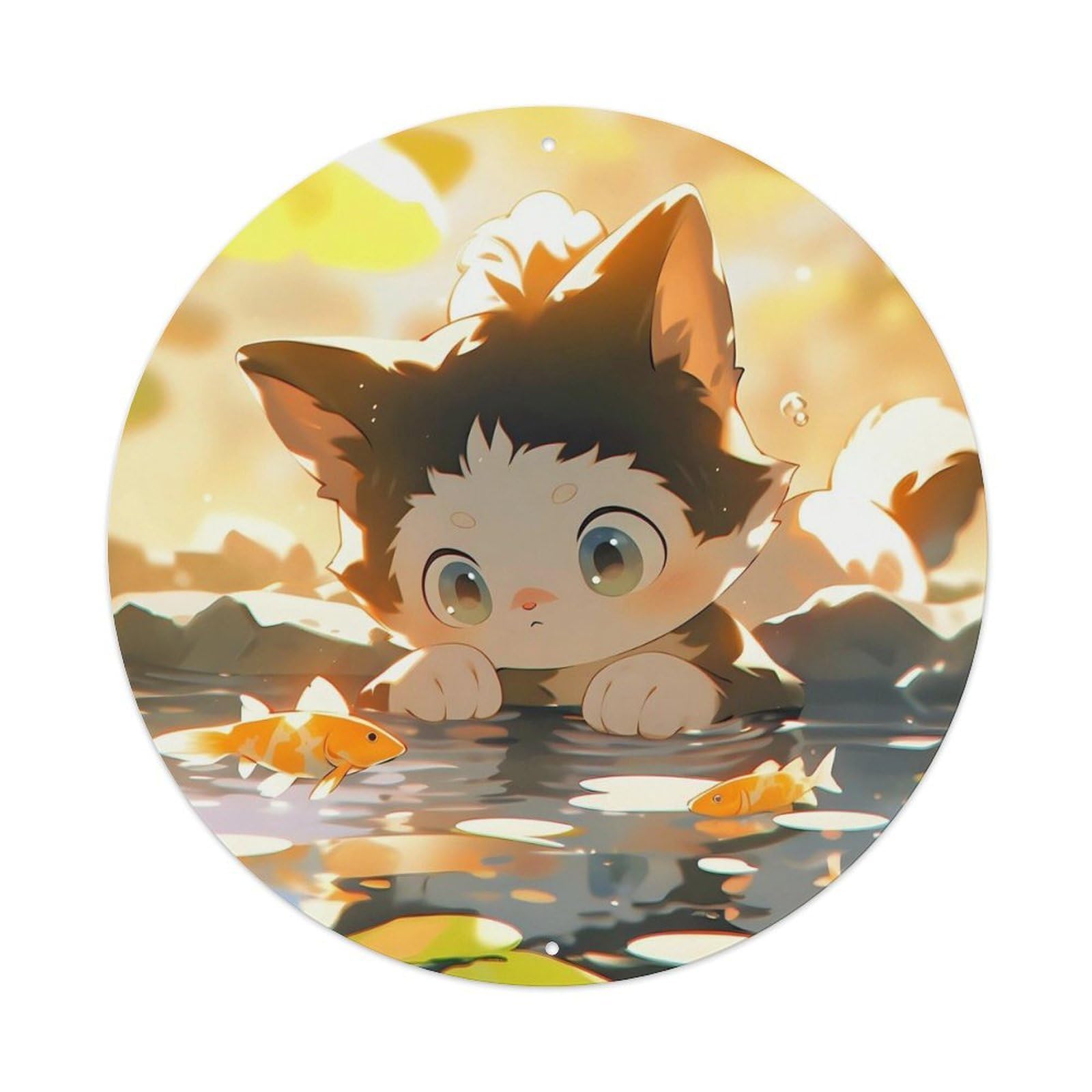 Animal Artwork The Kitten Looks at The Fish in The River Metal Tin Sign