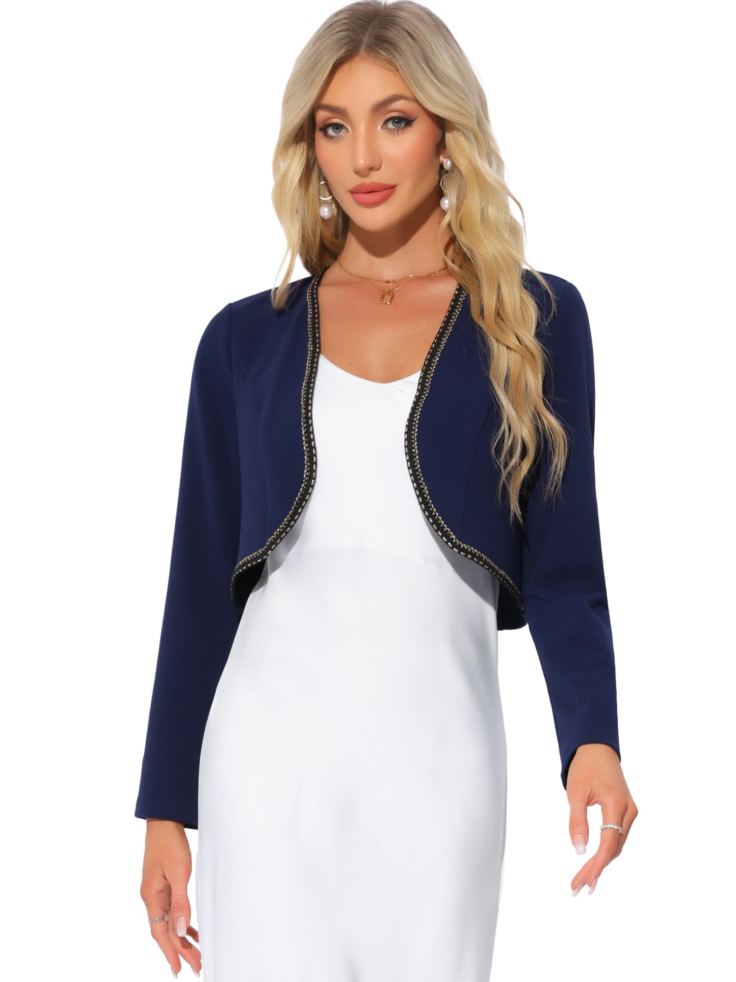 Allegra K Long Sleeve Crop Cardigan for Women's Contrast Trim Collar Bolero Casual Work Tops