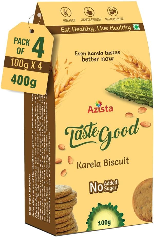Taste Good Karela Biscuits High-Fiber, Sugar-Free, Cholesterol Free, Diabetic-Friendly Healthy Digestive Snacks, Bitter Gourd,Almond- 400 Gm(Pack Of 4)