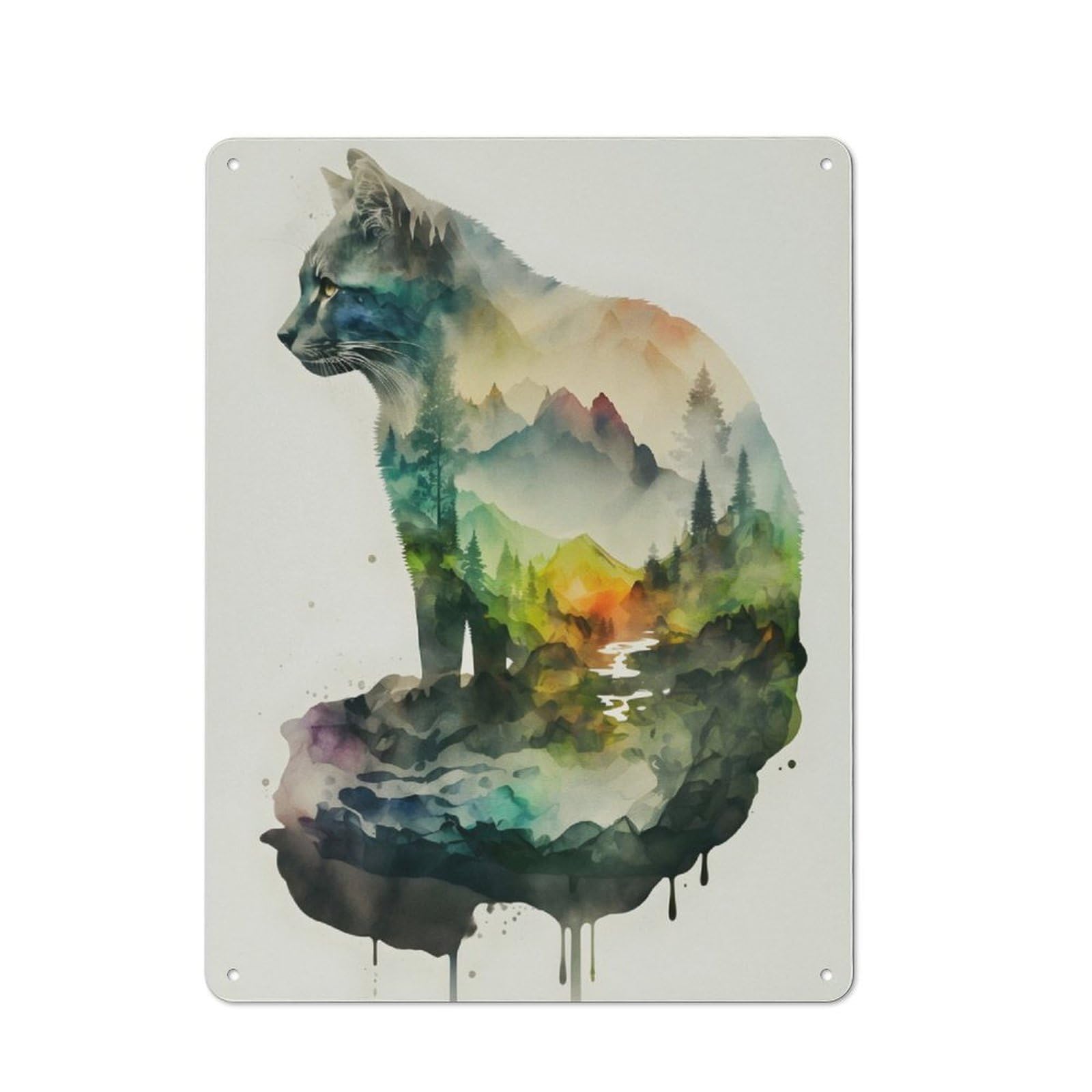 Junmoney Cat Nature Watercolors Industrial Tin Wall Sign 40X30cm Featuring Urban Room Decor For Workspace, Cafe, Hallway Or Garage