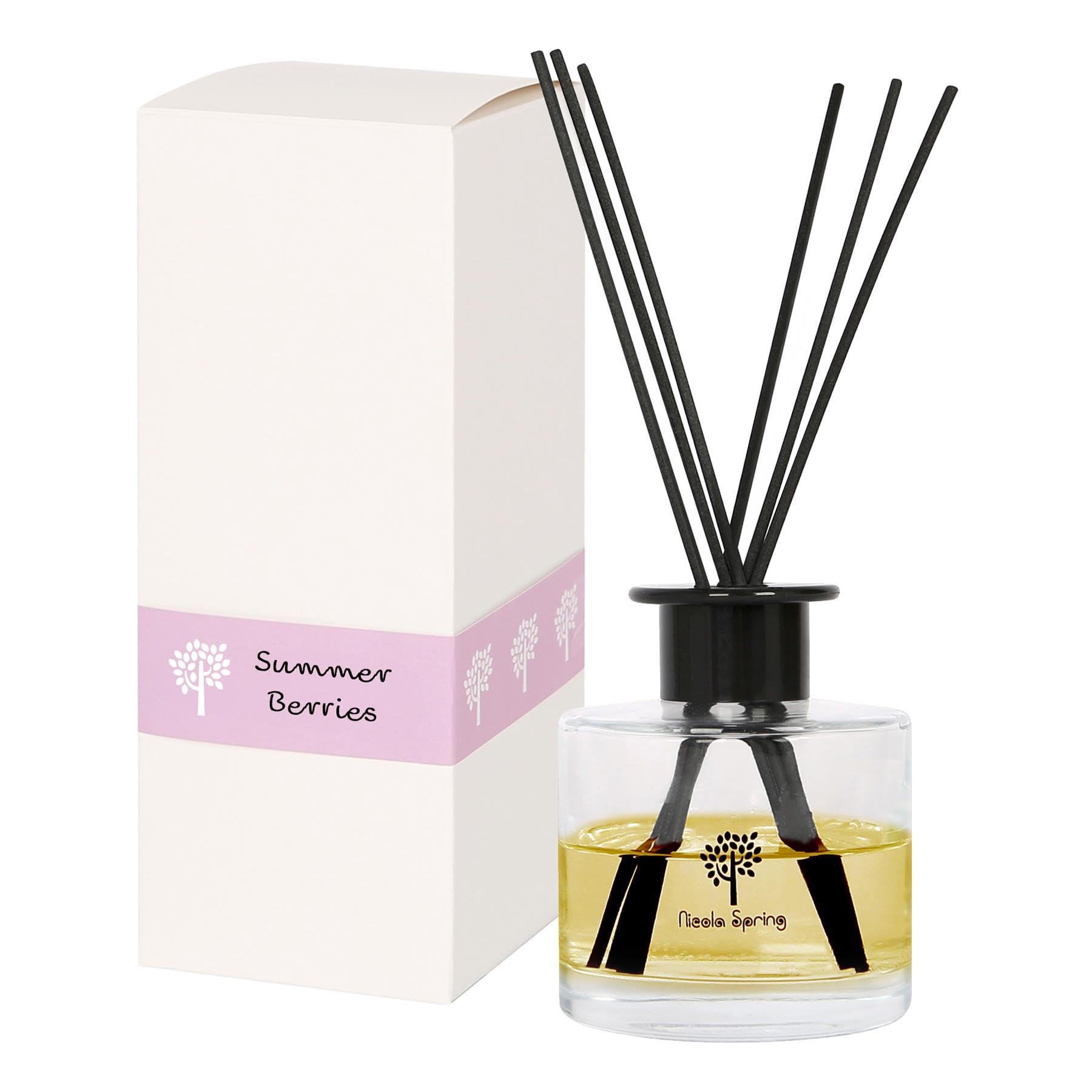 Nicola Spring Glass Reed Diffuser - 200ml - Summer Berries - 1x Home Décor Bathroom Bedroom Room Essential Oil Air Freshener with Scented Sticks | Christmas Gift | 60 Day Fragrance