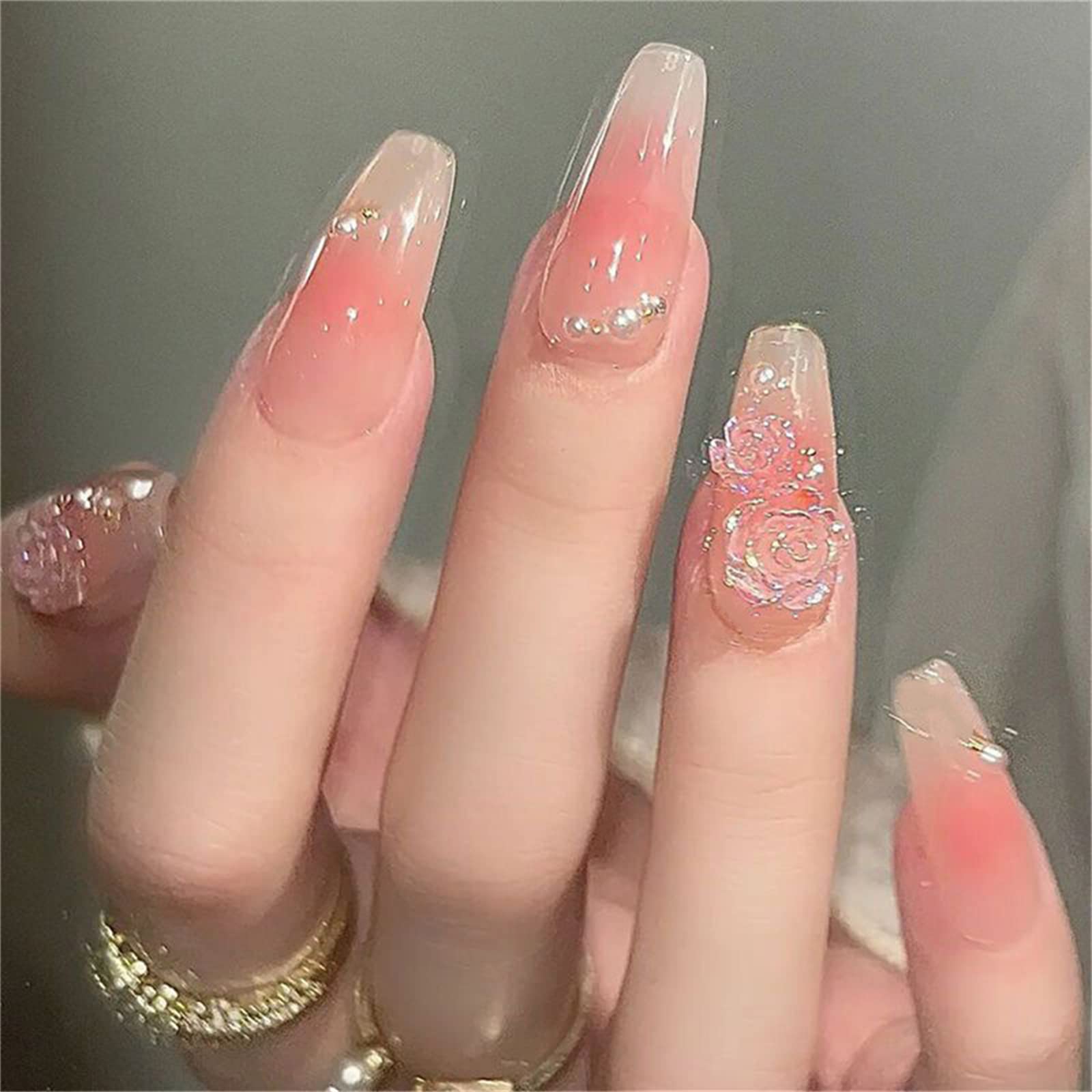Unghie Finte Lunghe Copertura Completa con Colla Blush Staccabile Fiori Rosa Stampa sulle Unghie 24 Pezzi Suggerimenti per Nail Art per Unghie per Saloni di Bellezza e Donne Nail Art Fai da Te
