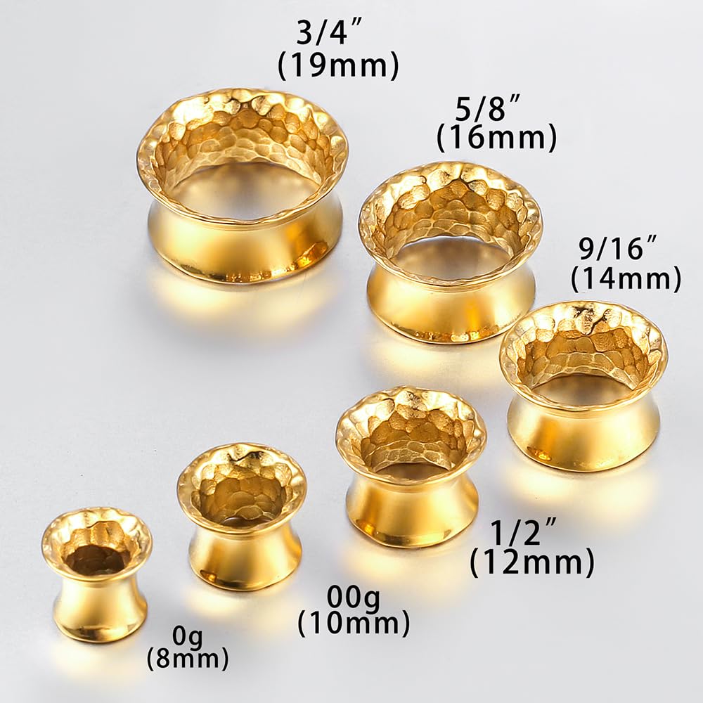 Casvort 2 dilatadores de oreja clásicos martillados hipoalergénicos de 2G-1 pulgada, acero inoxidable quirúrgico 316, cómodos túneles de oreja con doble acampanado, joyería para piercing corporal