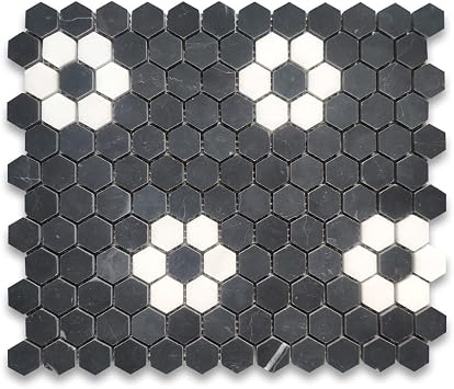 Stone Center Online Nero Marquina Black Marble 1 inch Hexagon Rosette Mosaic Tile w/Thassos White Honed Kitchen Bath Wall Floor Backsplash Shower 1 Sheet