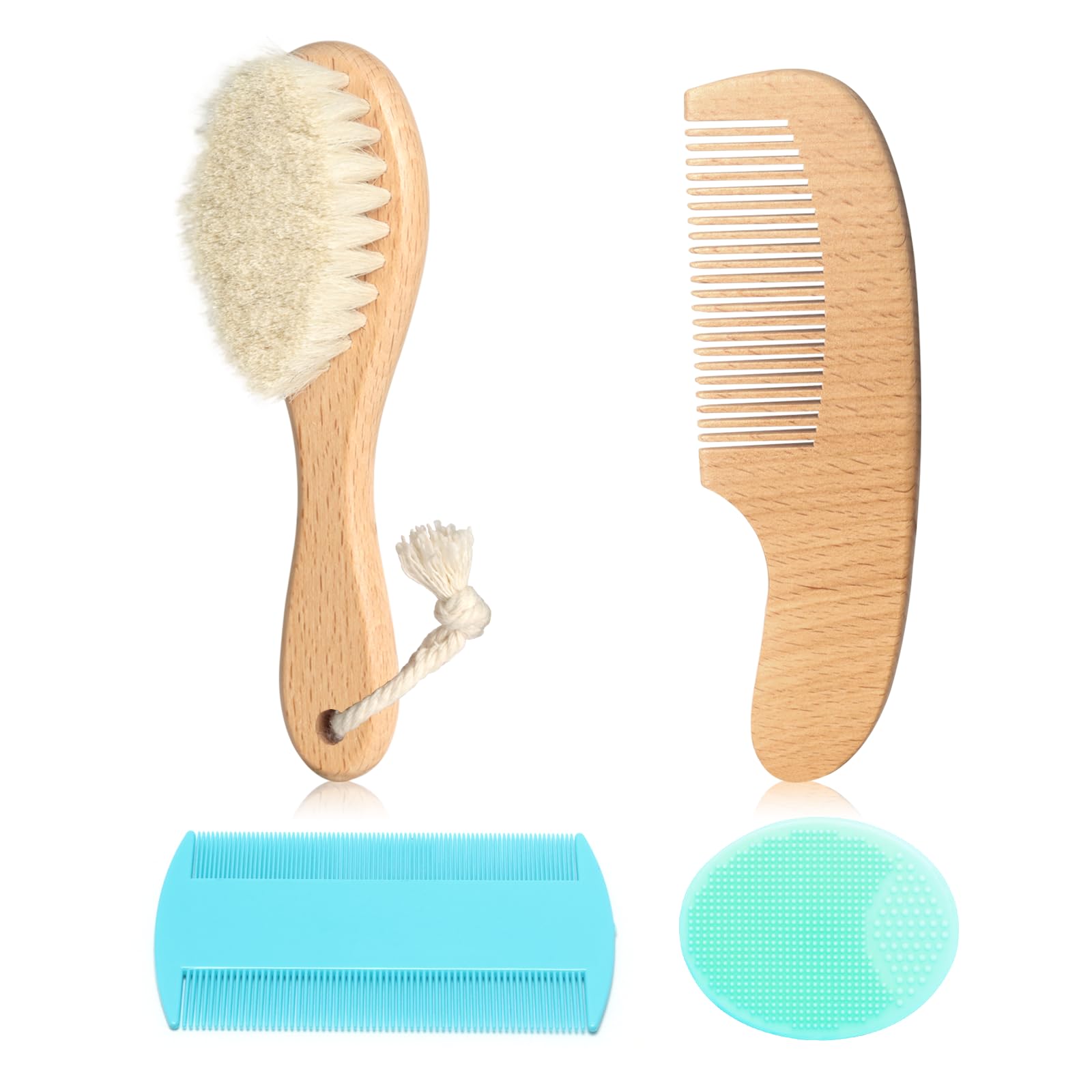 Goat Baby Hair Brush Set, Safe Natural Hair Care Kit with Wooden Soft Goat Bristles Hairbrush Comb Green Silicone Bath Brush for Newborns Toddlers (