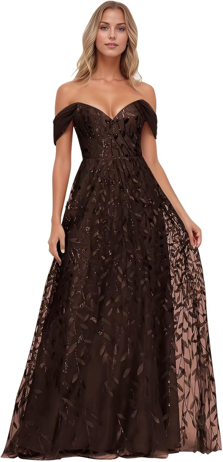 Off The Shoulder Sequin Prom Dress for Women Long Tulle A Line Formal Dress Lace Evening Party Gown