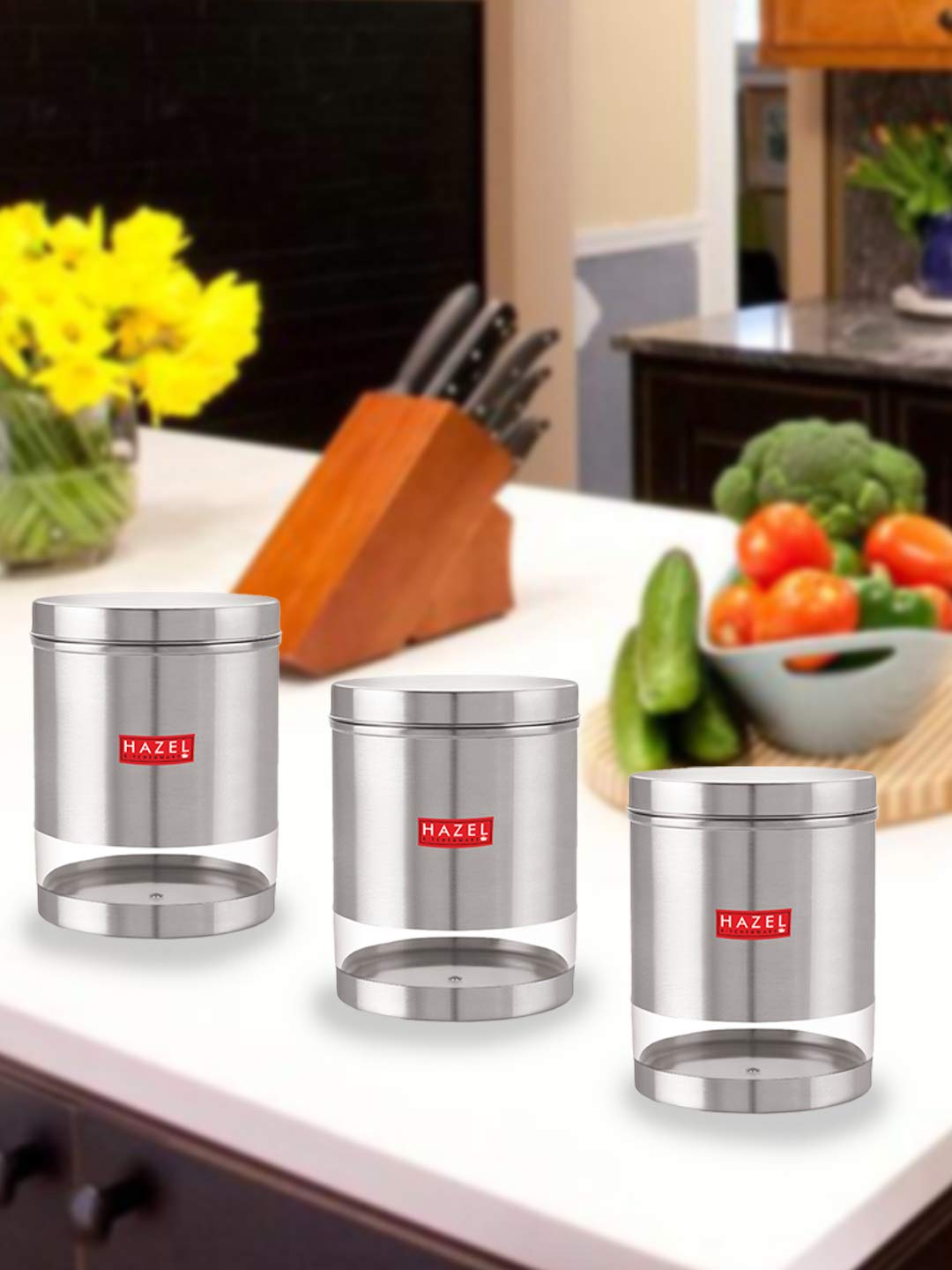 HAZEL Stainless Steel Containers Set for Kitchen Storage Transparent See Through Matt Finish Storage Jars Dabba, Set of 3, 2200 ML Each, Silver