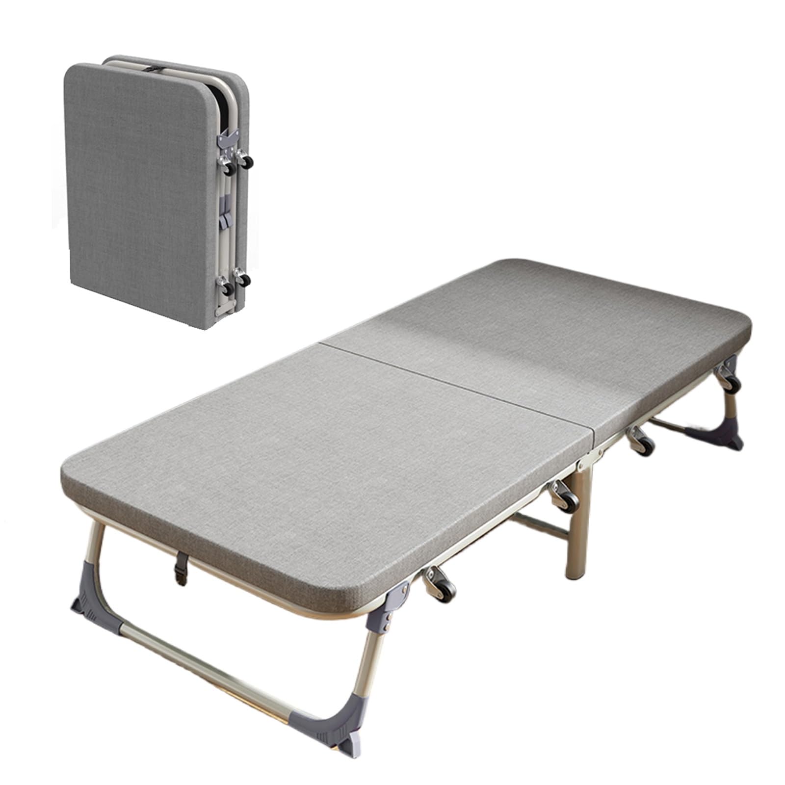 Łóżko Składane z Materacem Metalowa Rama i Drewniane Wsporniki z Desek Łóżko Kempingowe z Kołami do Biura, Pokoju Gościnnego, Nie Wymaga Montażu(185 * 90 * 38cm)