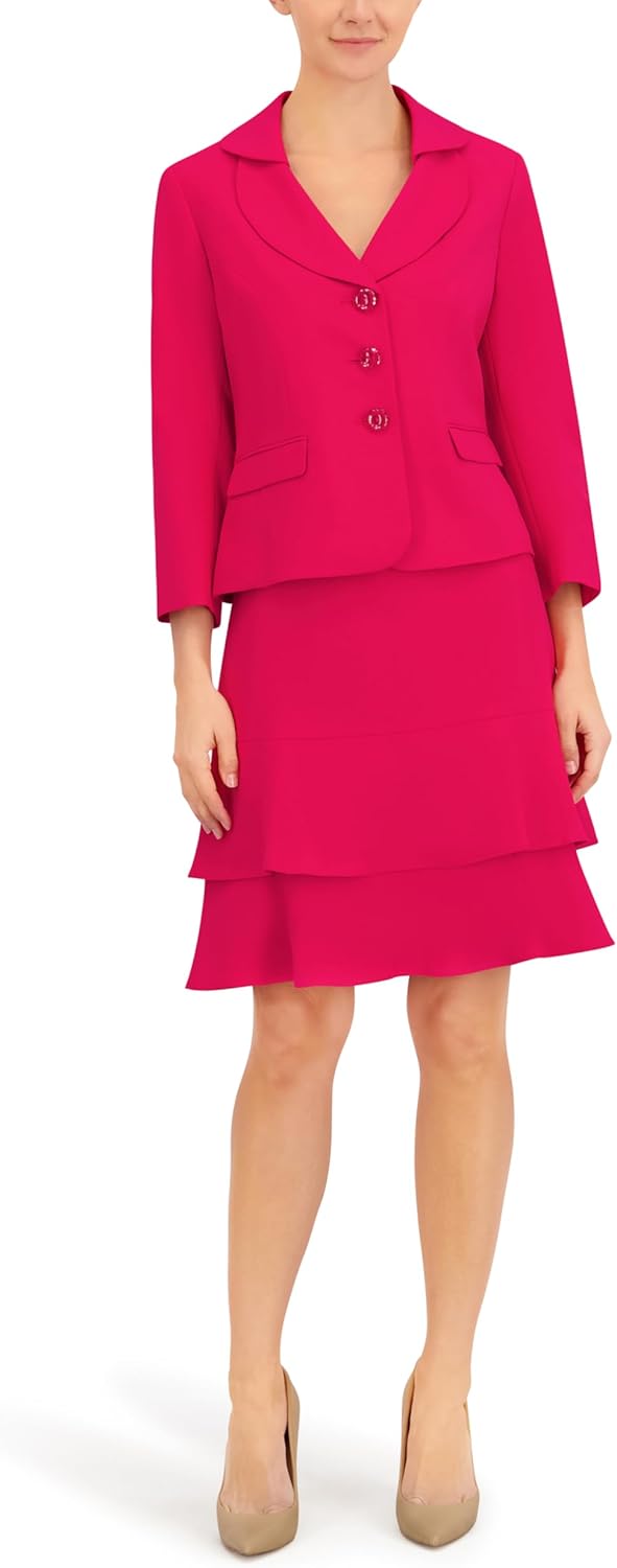 Le Suit Women's Petite Shawl Collar Blazer & Sheath Dress, 2pc Set, Dark Azalea