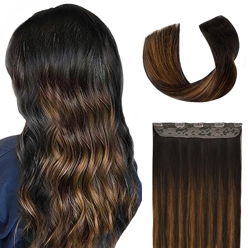 Miniatura 1 de Winsky Extensiones de cabello humano real, una pieza de extensiones de cabello Remy balayage, color marrón, 2.47 onzas, para mujer (14 pulgadas,
