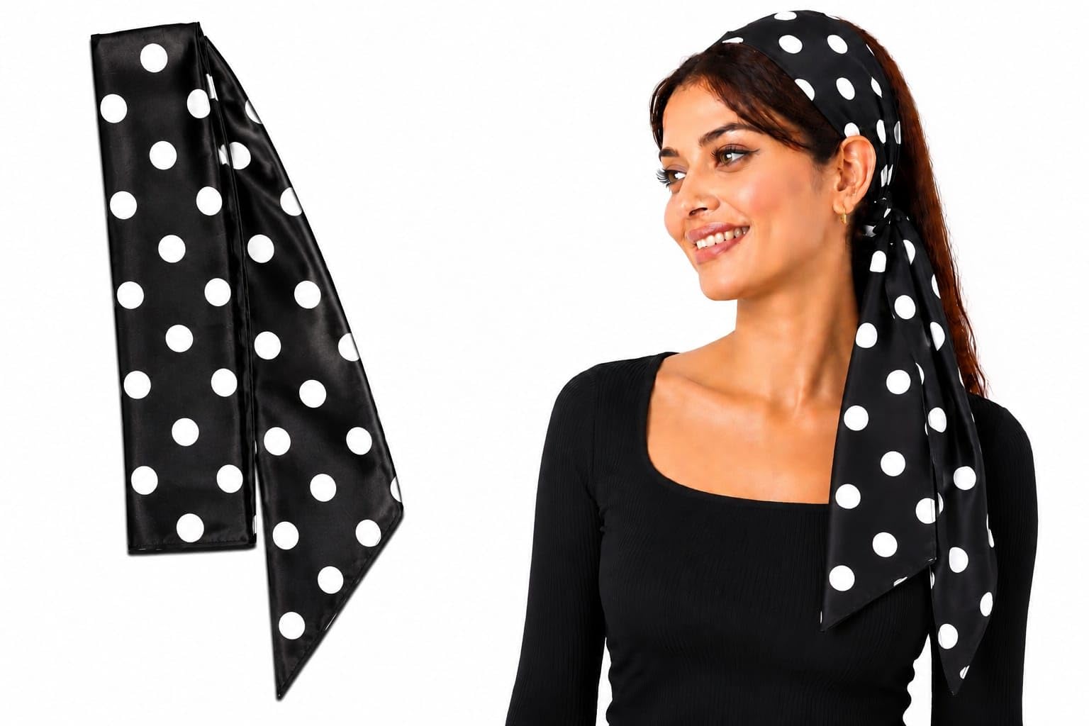 Women's Polka Dot Satin Hair Scarf | Black & White Twilly Hair Ribbon | Long Satin Head Scarf | Neck Scarf, Ponytail Ribbon & Headband for Women & Girls-image-5