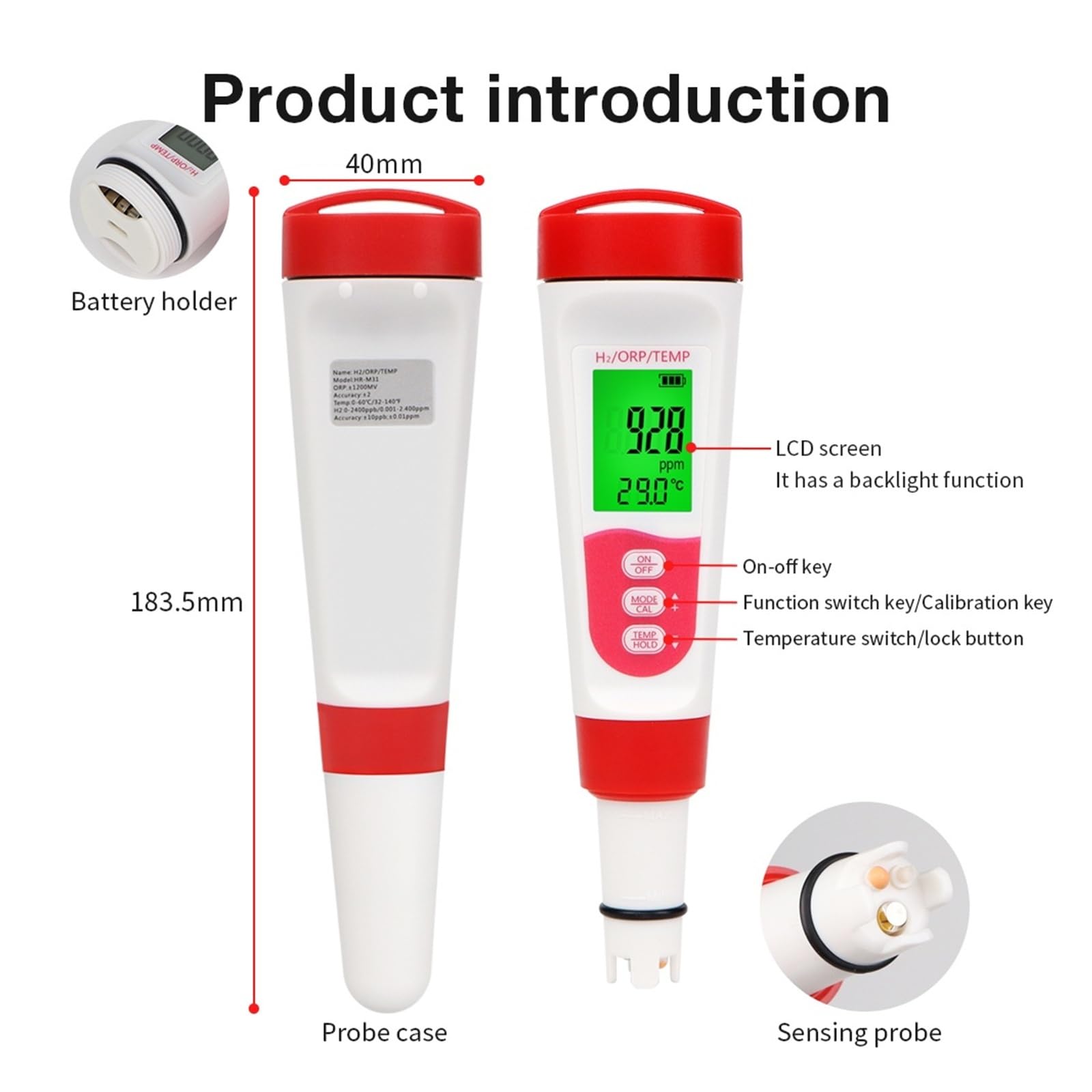 Testeur de qualité de l'eau Compteur d'eau numérique 3 en 1 H2 ORP avec ATC, testeur d'hydrogène Haute précision 0-2400 PPb