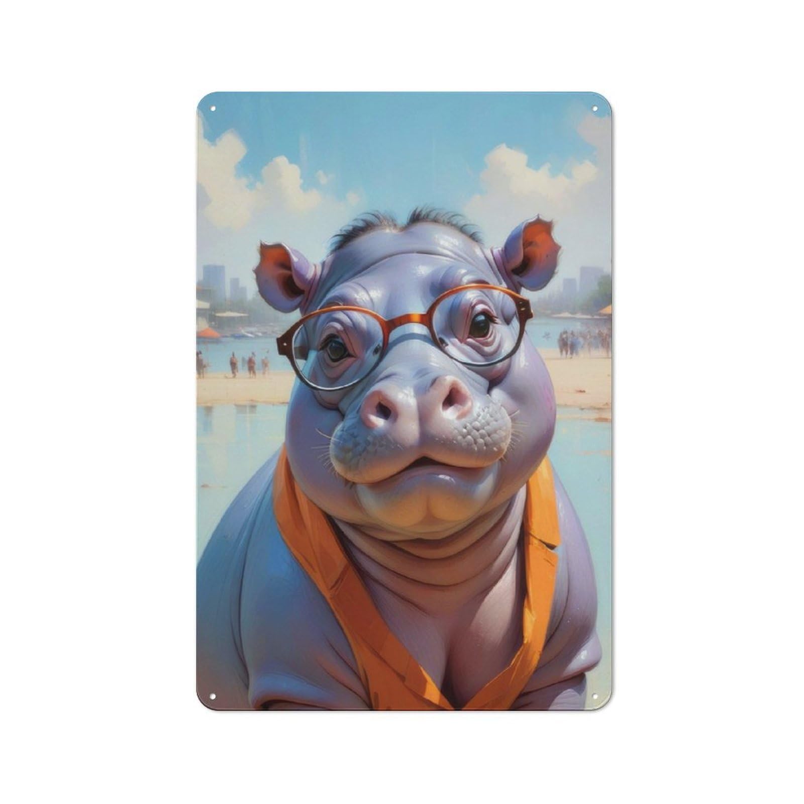 Junmoney Hippopotamus In Sunglasses Tin Wall Plaque 30X20cm With For Bar Or Restaurant, Housewarming Present For People Styling Bar And Restaurant