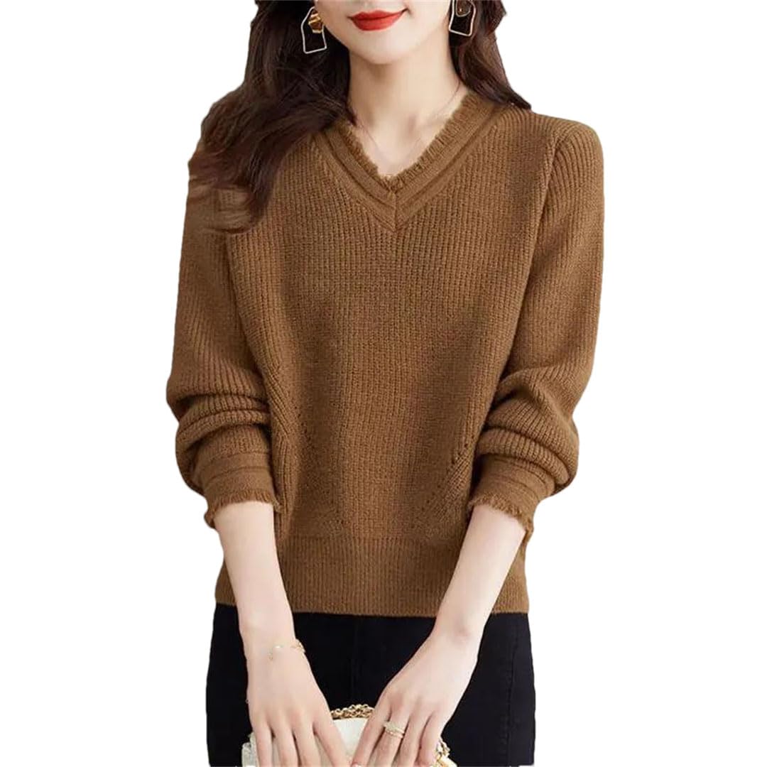 Damski sweter z dzianiny w stylu retro z dekoltem w serek, luźny ciepły miękki sweter