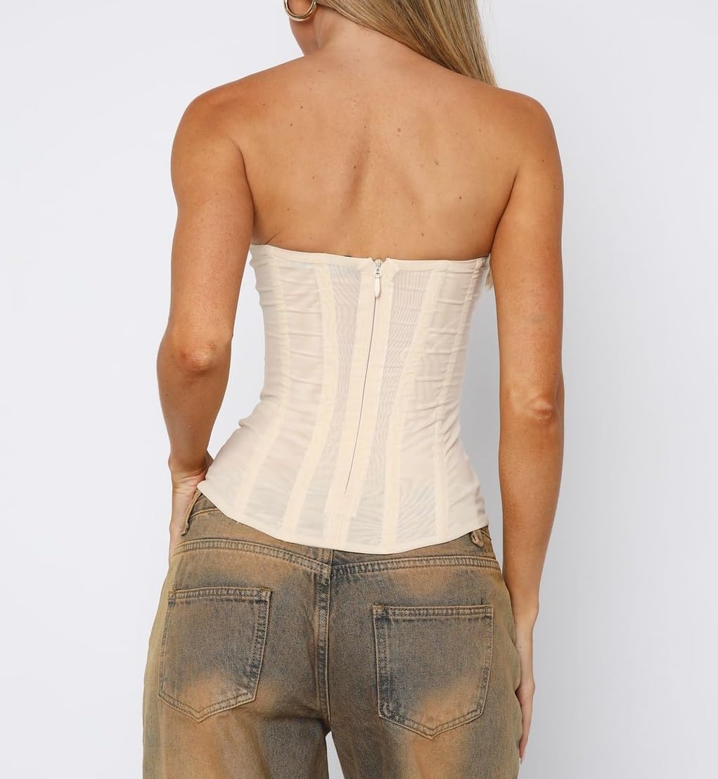 Women Sheer Mesh Bustier Top Y2k Vintage Strapless Boned Corset Sexy Shapewear Tube Top Going Out Party Overbust - Image 4