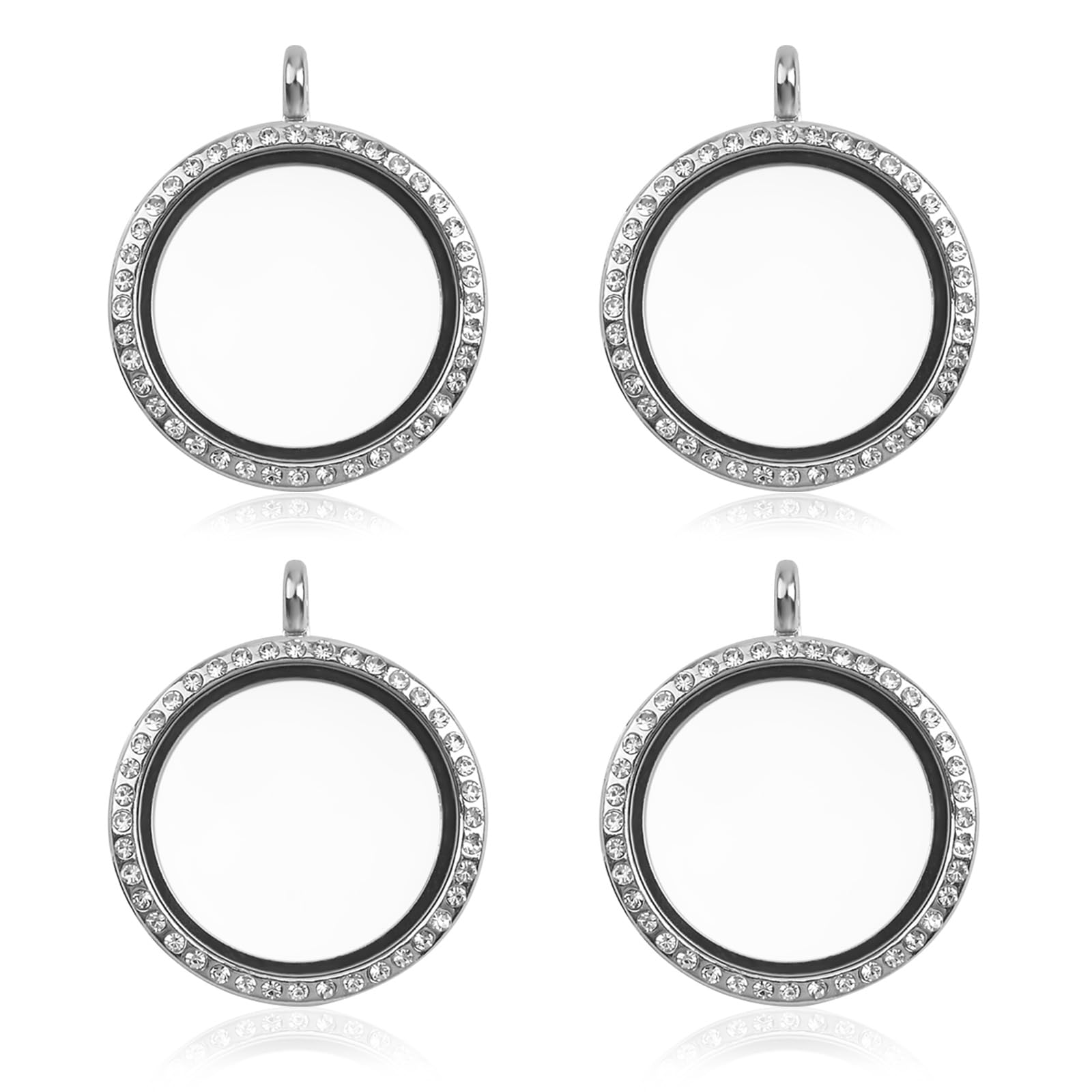 Wandic Silver Rhinestone Photo Charm, 4 Pcs Color Round Crystal Photo Pendant Bridal Wedding Bouquet Charms Memory Locket For 2 Pictures (4 Pcs )