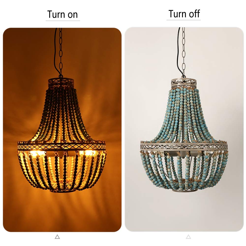 FIRVRE 3-Light Blue Lámpara de Techo de Cuentas de madera Natural Iluminación de techo E27 Bohemian Boho Loft French Countryside interior candelabro Plafón antigua para Cocina Isla Comedor