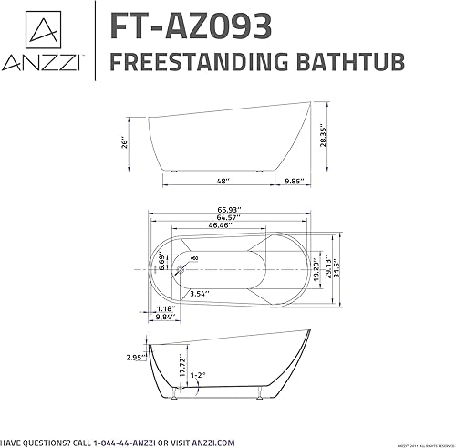Miniatura 6 de ANZZI Bañera ovalada independiente, 67 pulgadas, moderno acrílico blanco brillante + fibra de vidrio, bañera de hidromasaje independiente,