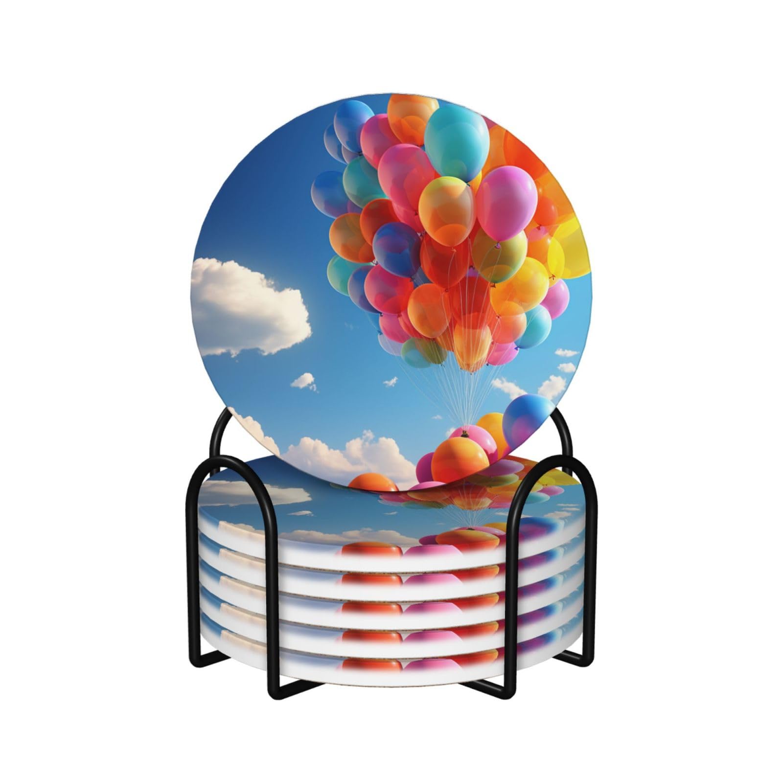 6Pcs Ceramics Coaster for Drinks, Colorful Balloon Cup Coasters with Holder, Aesthetic Drink Coasters for Coffee Table, Absorbent Round Coaster for Tabletop Protection 4" Cup Mat Pad
