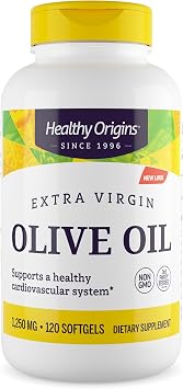 Healthy Origins Extra Virgin Olive Oil 1,250 mg Made with Organic Extra Virgin Olive Oil, Non-GMO, Gluten Free, Cardiovascular Support, 120 Softgels