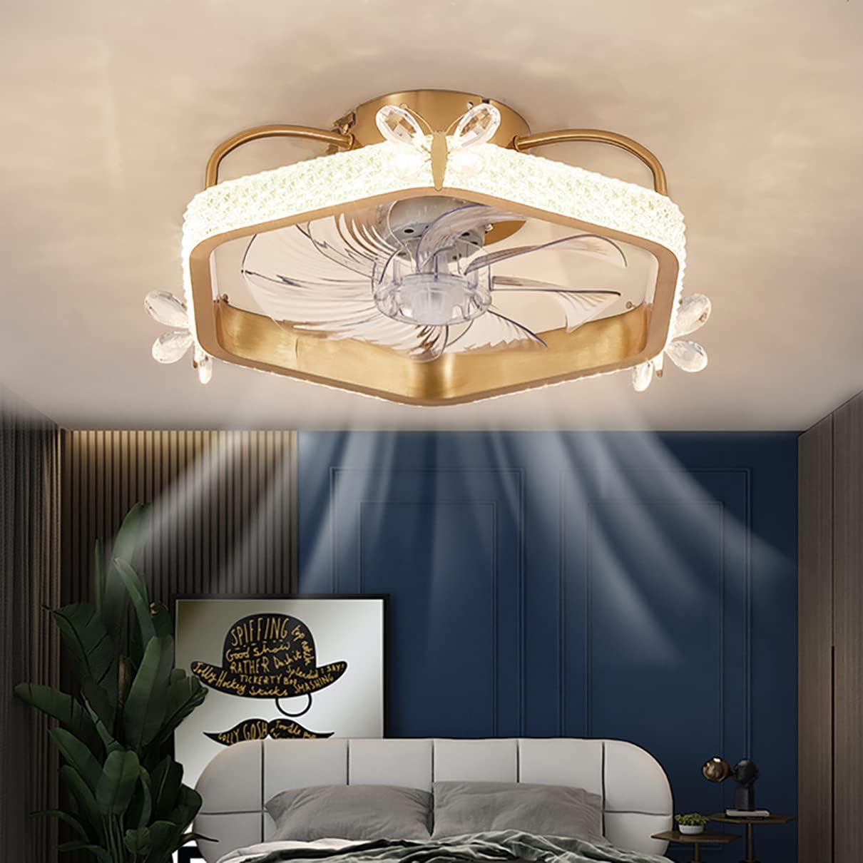YUEGOO Ceiling Fans with Lamps,48Cm Ceiling Fan with Light and Remote Control Mute 3 Speeds Bedroom Led Dimmable Crystal Fan Ceiling Light with Timer 60W Modern Living Room/a