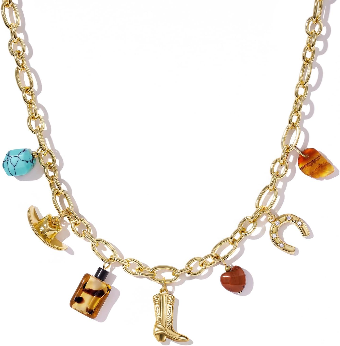 KissYan Cowgirl Western Charm Necklace, 14K Gold Plated Boot Horseshoe Turquoise Pendant Chain Vintage Jewelry Gift for Women