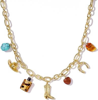 KissYan Cowgirl Western Charm Necklace, 14K Gold Plated Boot Horseshoe Turquoise Pendant Chain Vintage Jewelry Gift for Women