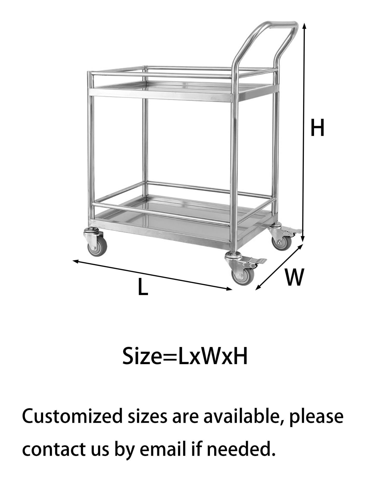 Carrito de mesa de trabajo de acero inoxidable, carrito de cocina de metal rodante de 2 niveles con ruedas de 360°, estantes de laboratorio comercial para restaurante, almacén, 45 x 45 x 85 cm