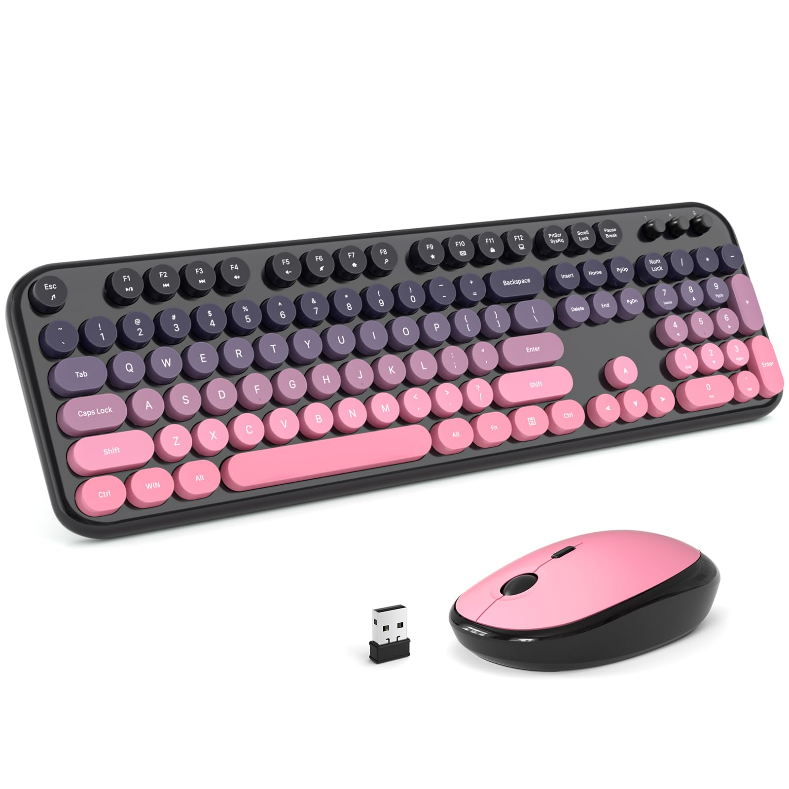MOFII Wireless Keyboard and Mouse Combo, Full Size 2.4G Retro Round Computer Keyboard and Mouse Set, Plug and Play, for Windows, Computer, Desktop, PC, Notebook - (Lovely Plum Pink Gradient)