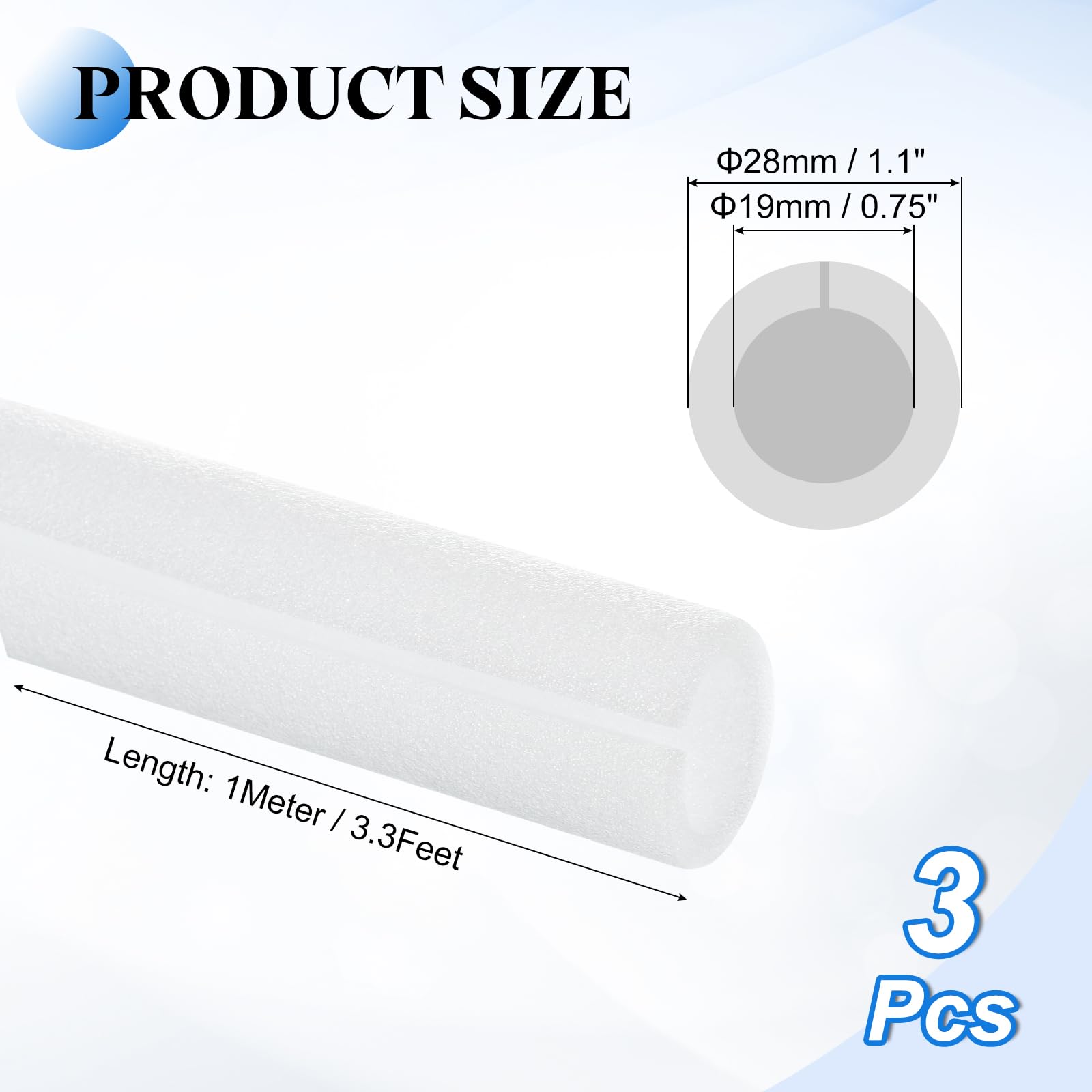 QUARKZMAN 3 Pcs Tube En Mousse D'Isolation De 0.75 Pouce 3.3 Pieds, Coussins De Tube Creux Pour Protection Hivernale Extérieure Contre Le Gel Chaude Et Froide, Blanc OD 1.1"
