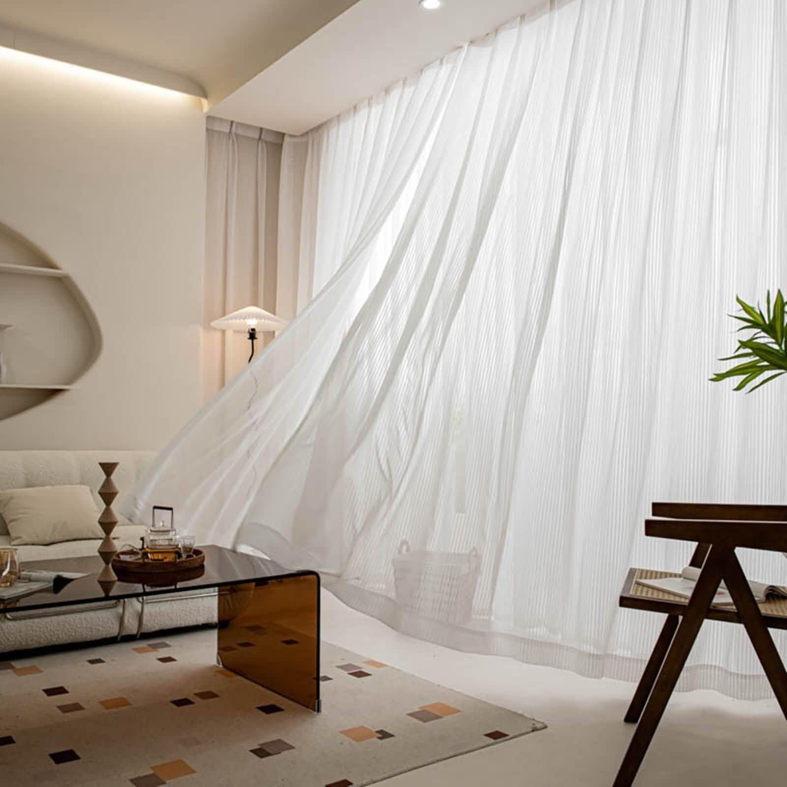 Rideau voilage fenetre blanc à rayures pour chambre 107x229cm
