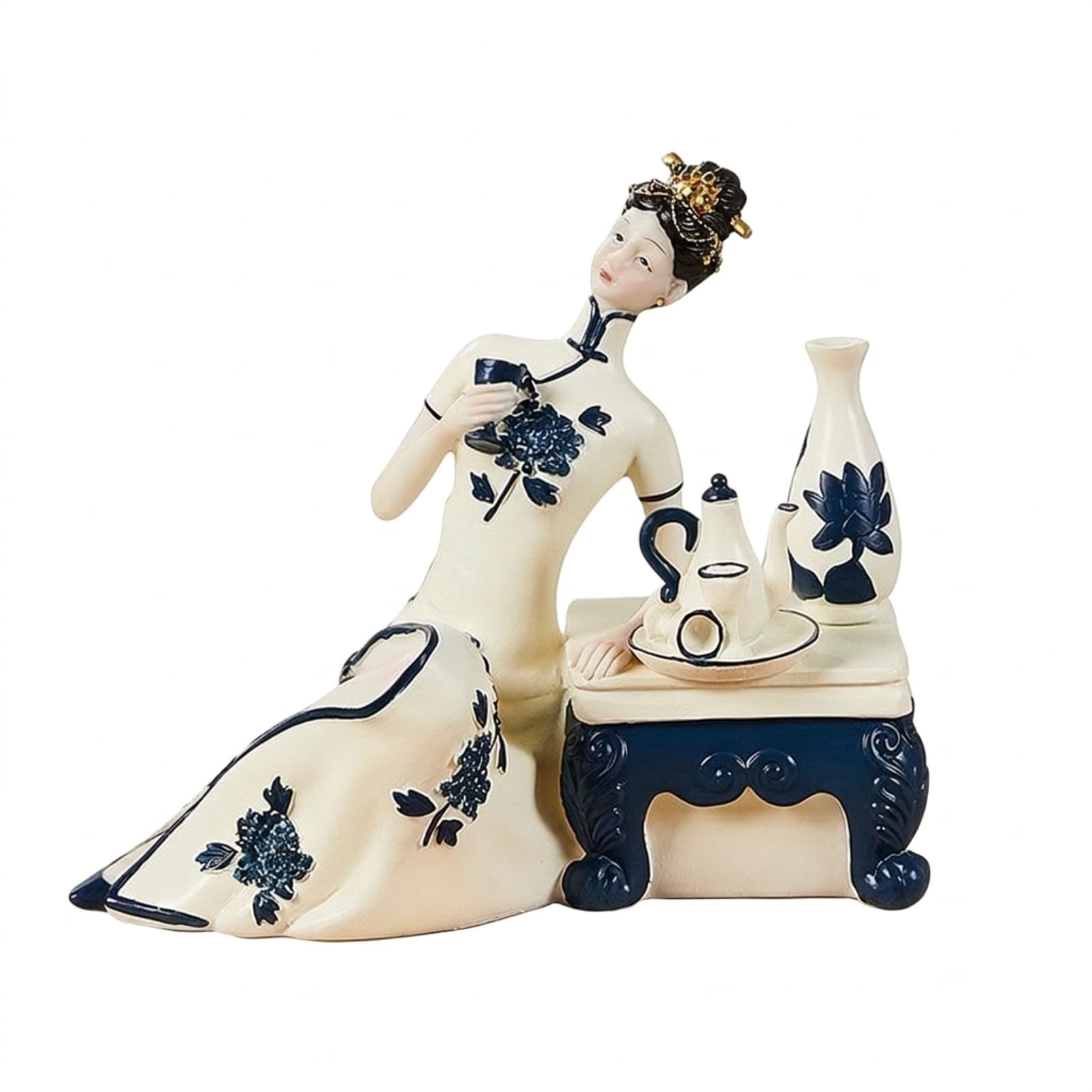 Orchidee Figurine Chinesische Dame Statue Skulptur Wohnfigur Dekofigur aus Resin mit Glänzendem Finish Und Traditionellem Flair für Wohnzimmer, Damenfigur Mit Teetisch, Liegend, 18 cm Hoch