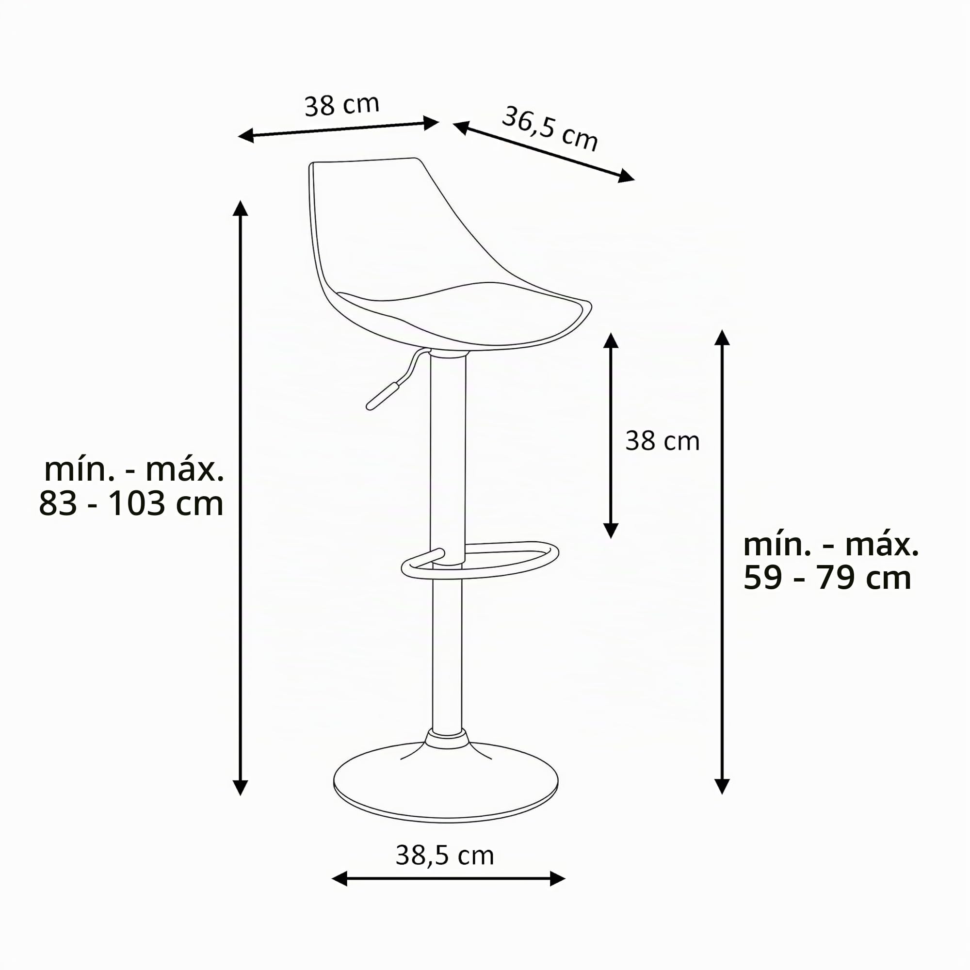 Taburete alto de cocina regulable en altura negro y metal con respaldo alto | Asiento acolchado y tapizado en poliel. Respaldo alto rígido. Altura ajustable de 83 a 104 cm. Resiste hasta 120 kg