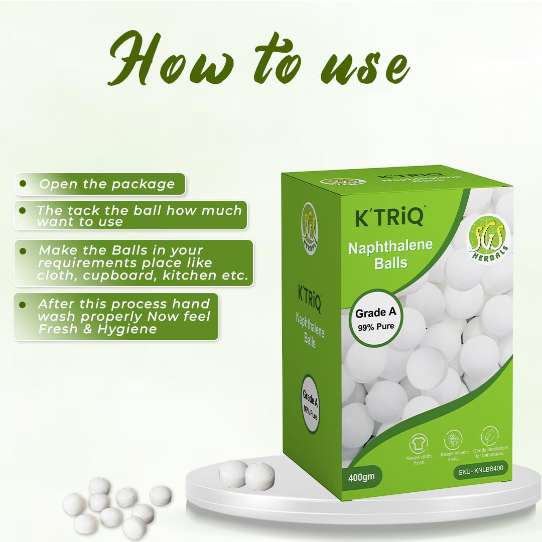 K'TRiQ Naphthalene Balls, Grade A 99% Pure β 400 gm, Long-Lasting Freshness, Protects Clothes from Moths, Mildew, and Bad Odors 4
