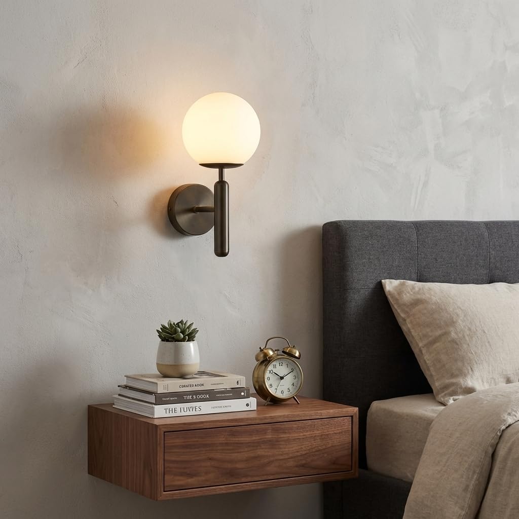 BARCELONA LED Aplique de pared "Elsa" con esfera de cristal opalino blanca y base metálica Negro, pequeño y elegante, estilo clásico, moderno y lujoso para interiores retro y contemporáneos