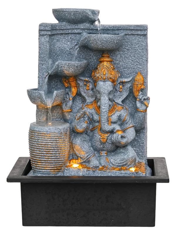 Image of Polyresin Grey Ganesha Idol Tabletop Indoor 4 Diya Steps Water Fountain for Home Decor with Yellow LED Light & Water Flow Controller Pump (Size: 39 x 29.5 x 22CM | Wt: 2195grm)