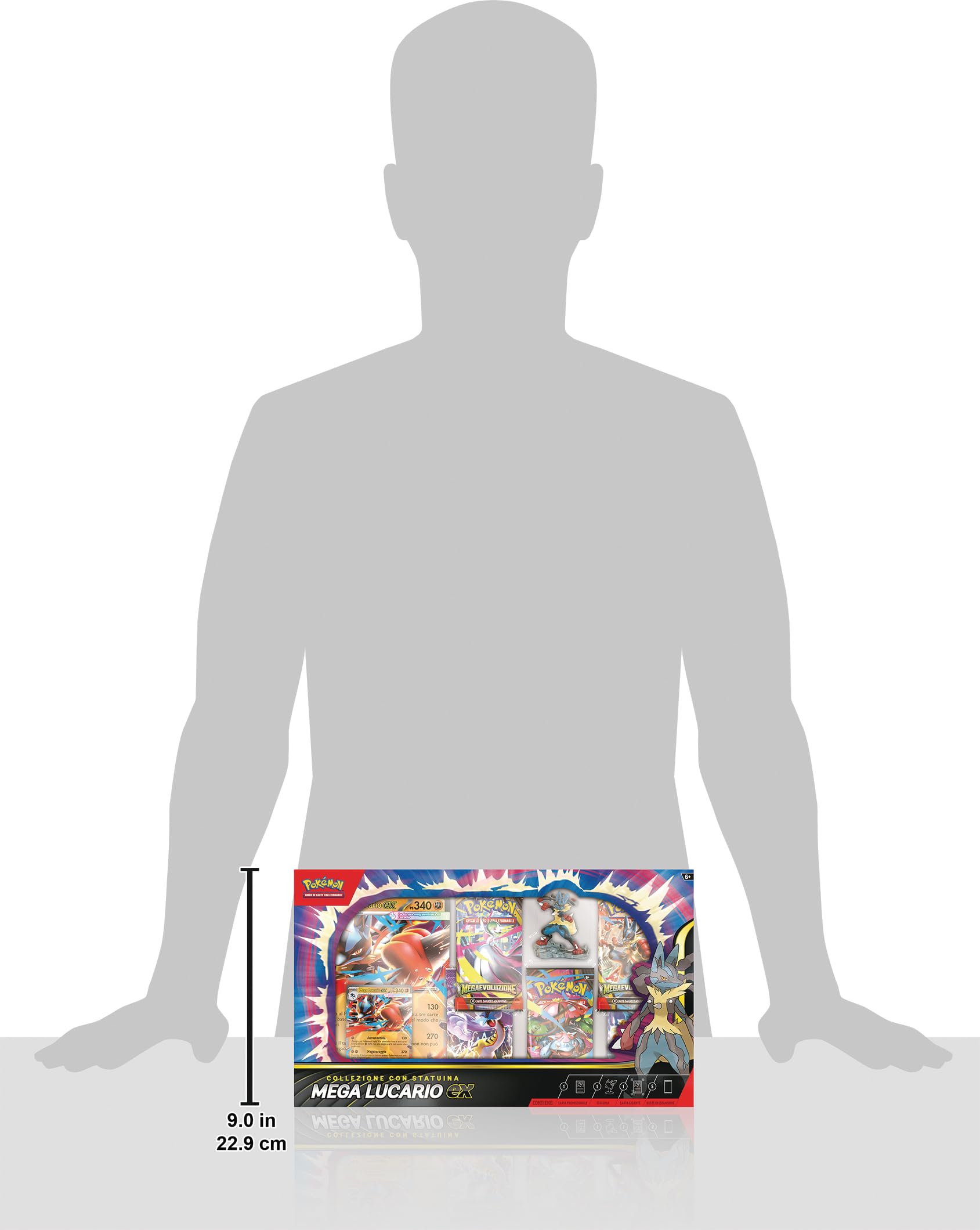 Pokémon: collezione con statuina Mega Lucario-ex del (una carta promozionale olografica, una carta promozionale gigante, cinque buste di espansione e una statuina di Mega Lucario)