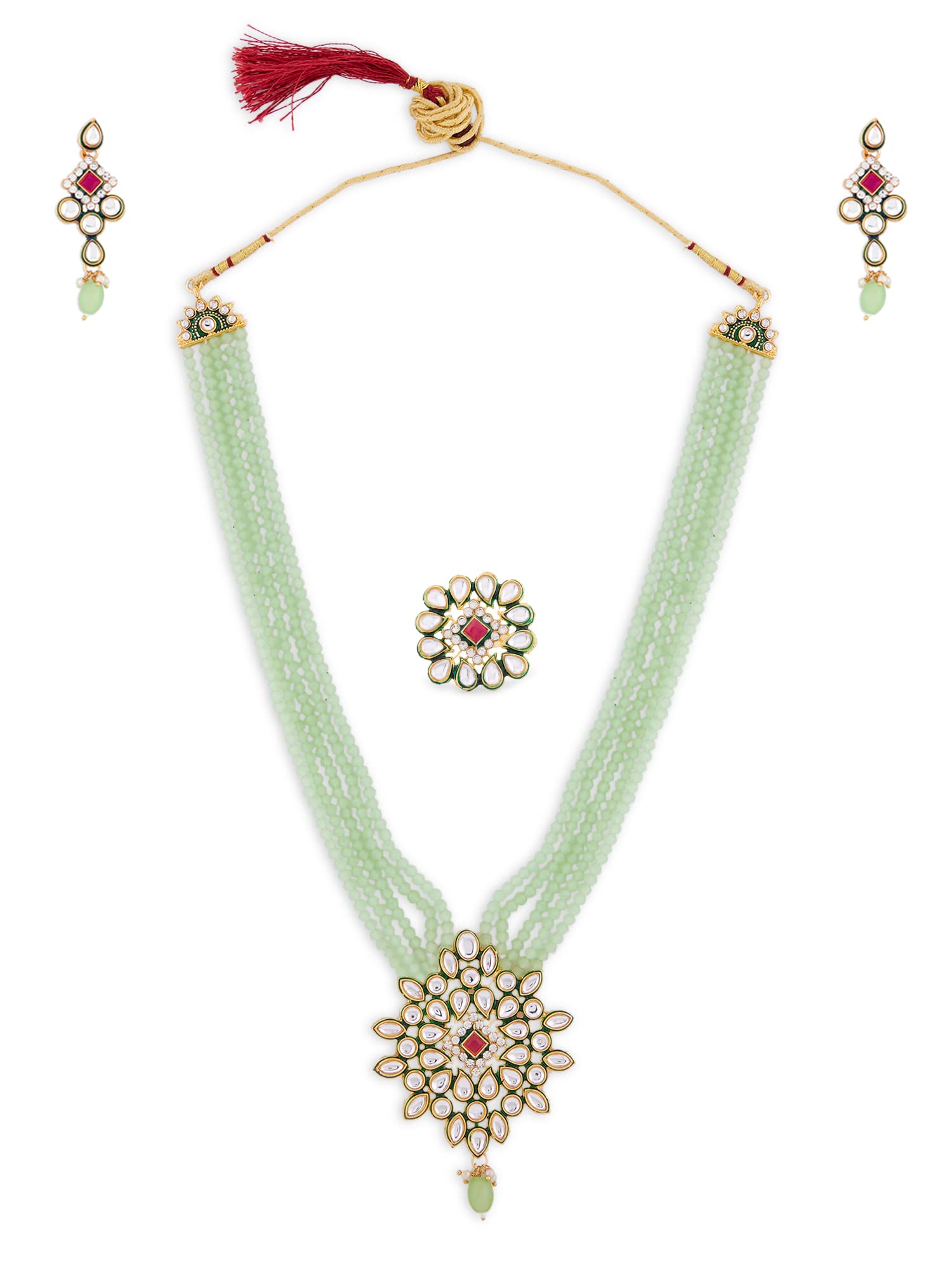 ZAVERI PEARLS Green Multistrand Beaded Kundan Long Necklace Earring & Ring Set For Women-ZPFK13780 (B0B1JDYCY8) Amazon Price History, Amazon Price Tracker